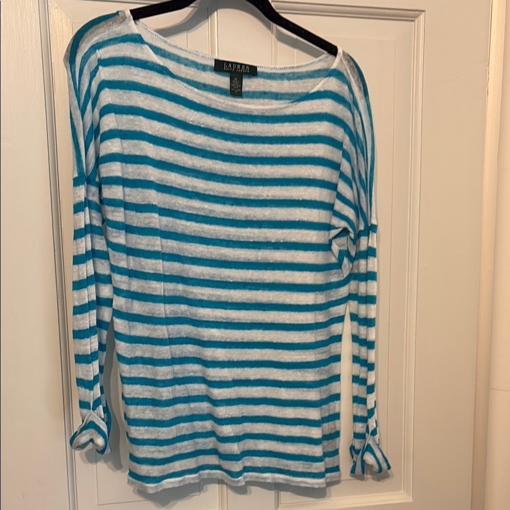 Ralph Lauren Blue and White striped 3/4 Sleeve 100% linen scoop neck top